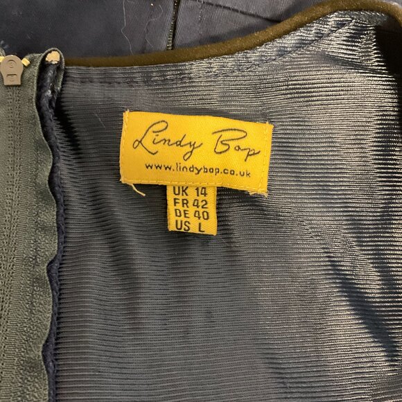 Lindy Bop Fit & Flare Dress US L Navy Blue Black Trim Pleated Sleeveless Bow - Picture 13 of 13